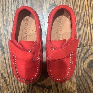 Red Suede Kids Moccasins with Hook-and-Loop Strap